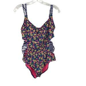 BONGO Women’s Large  One Piece Swimsuit - Blue and Pink Fruit